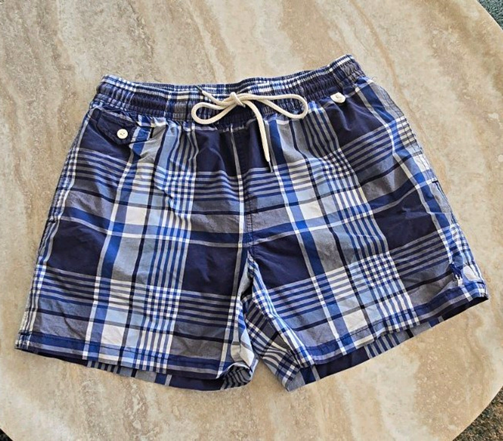 Vintage Polo Ralph Lauren Swim Trunks Mens L Blue Plaid Made Taiwan Palm Tree